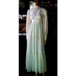 Vintage Cotton Gauze Mint Lace Prairie Maxi Dress Sz XS